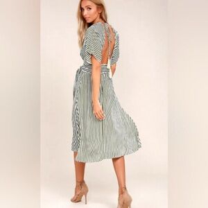 🕒 Elan | Striped Tie-Waist Midi | Deep V, Open-Back Tassel | Grey/White | S